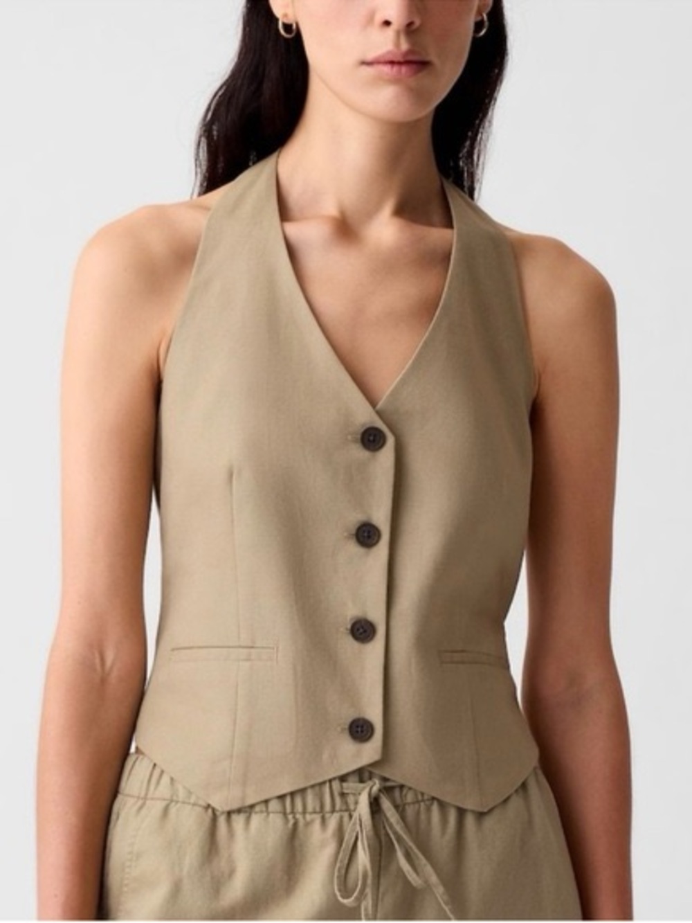 Gap Tan Linen Blend Halter Button Down Tailored Vest Size Small